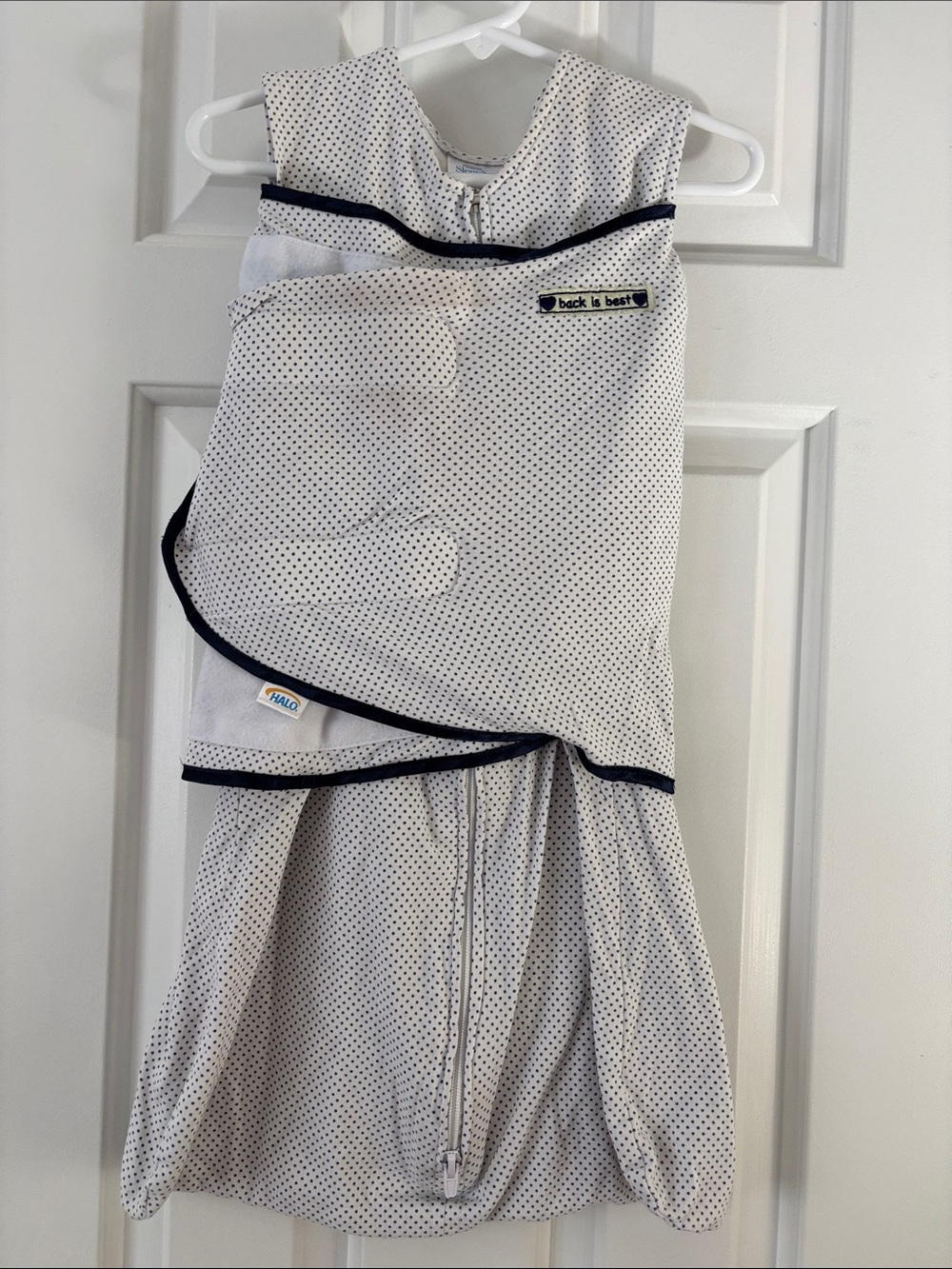 Halo Infant Sleep Sack Swaddle in White with Navy Trim